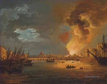 Ein Capriccio von London mit der Verbrennung des Custom House 1814 durch William Sadler Kriegsschiffe Ölgemälde